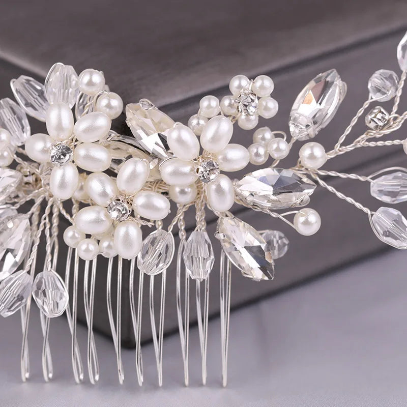 Bridal Hair Comb Pearl Tiaras for Women Wedding Hair Accessories Fashion Flower Hairpin Girl Lady Hairband Marriage Hair Jewelry