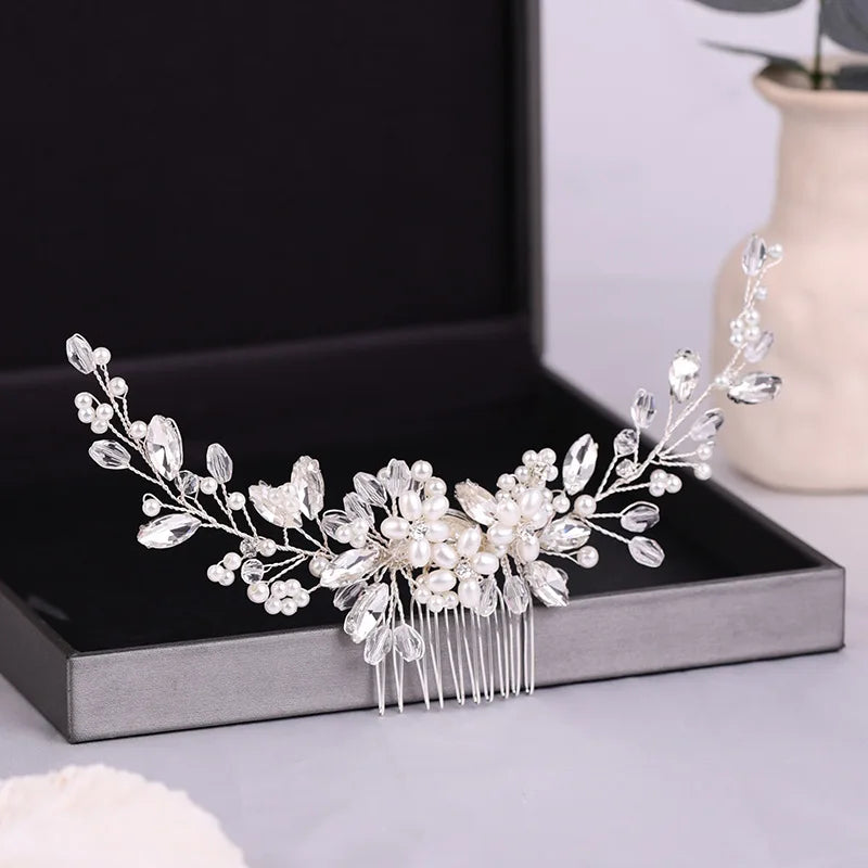 Bridal Hair Comb Pearl Tiaras for Women Wedding Hair Accessories Fashion Flower Hairpin Girl Lady Hairband Marriage Hair Jewelry