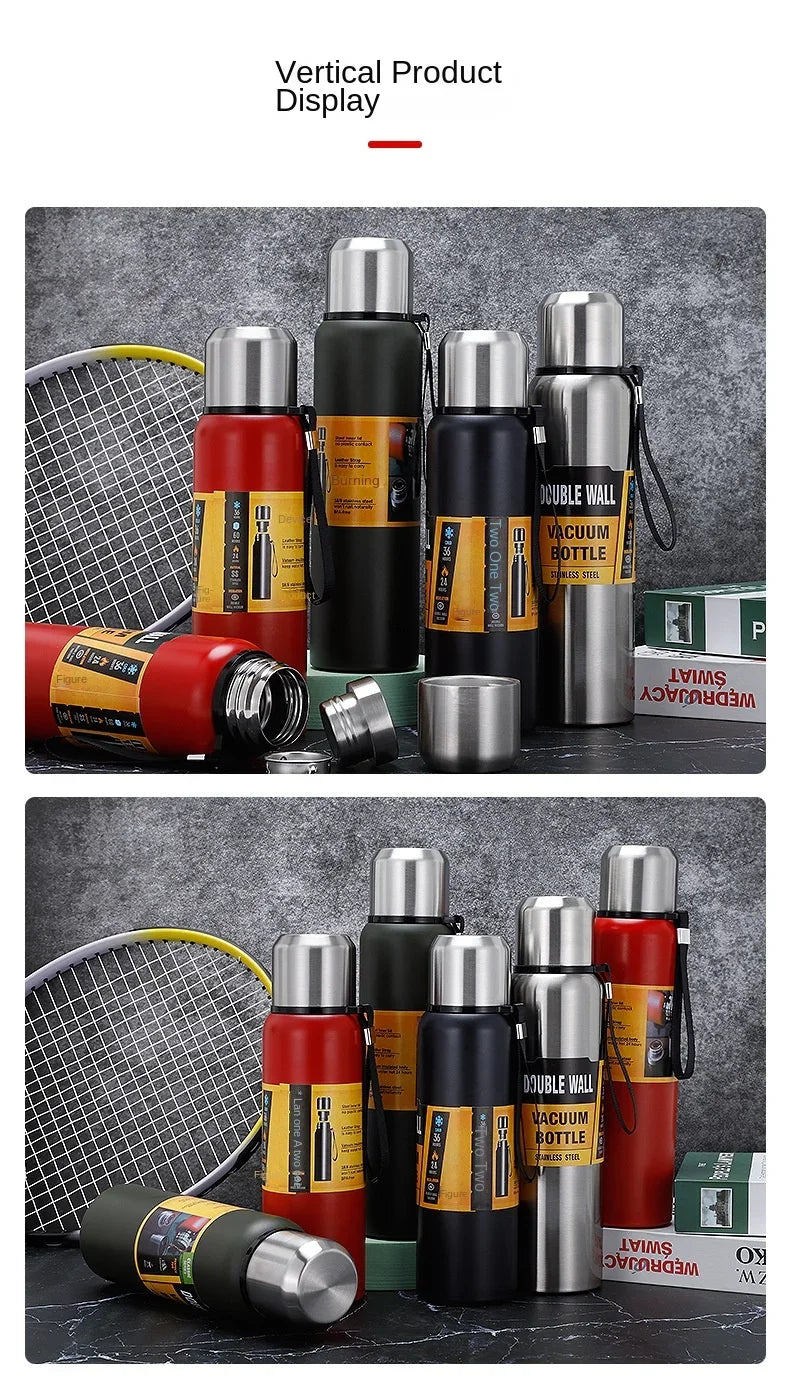 500/1000/1500ml Thermos Cup Stainless Steel Large Capacity Sports Water Bottle Vacuum Flask Portable Insulated Tumbler with Rope