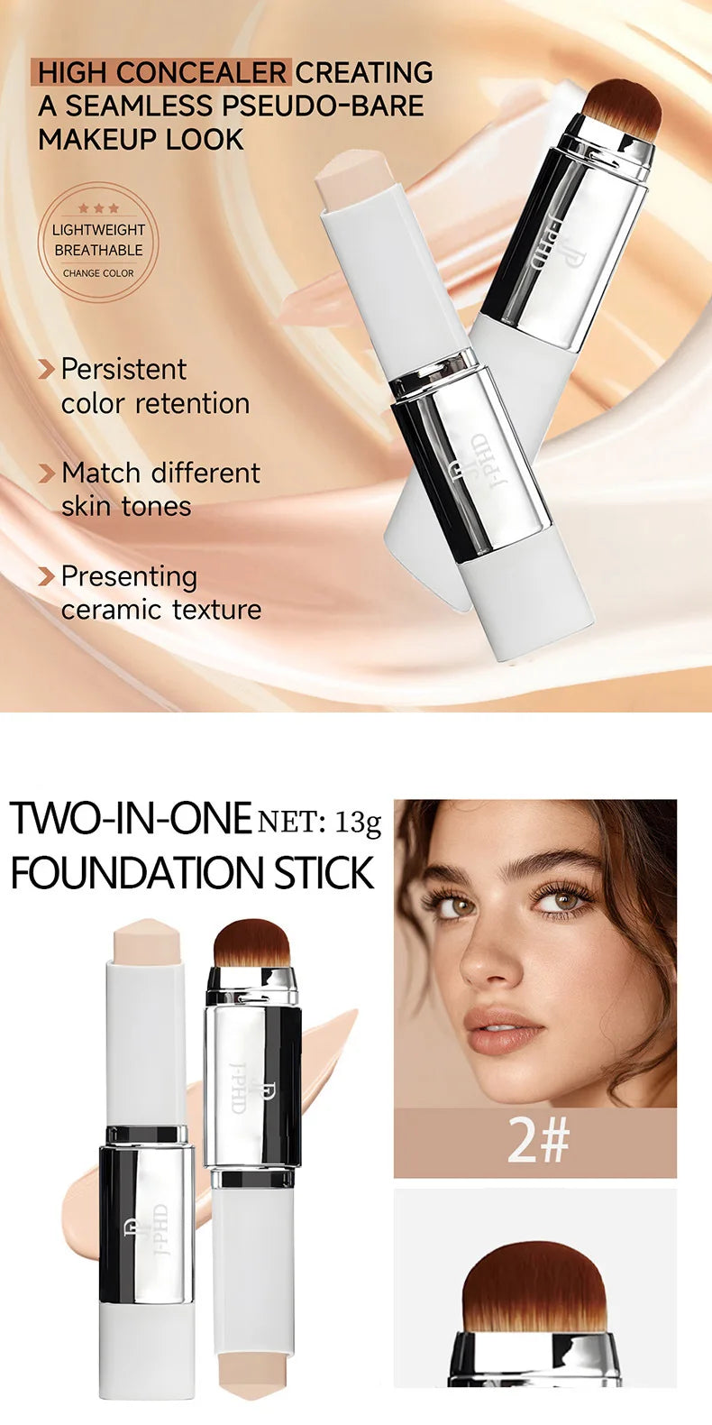 Two-in-one Brush Head Foundation Stick, Lightweight and Smooth, Long-lasting Coverage, Creating A Perfect Makeup Effect
