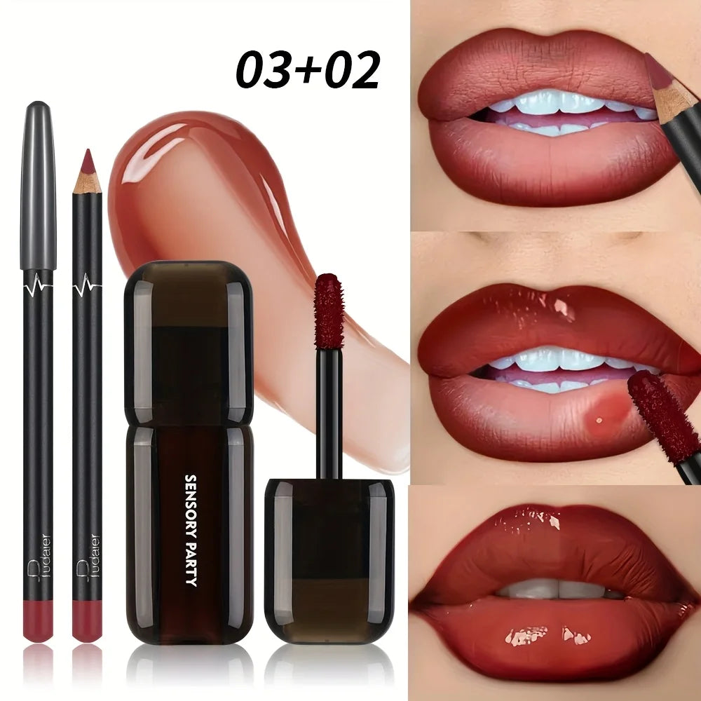 Gradient Lips Set, Lip Liner + Glass Lip Gloss, Mirror Shine Finish, Smooth Blend, Nude Shades, Long-Lasting
