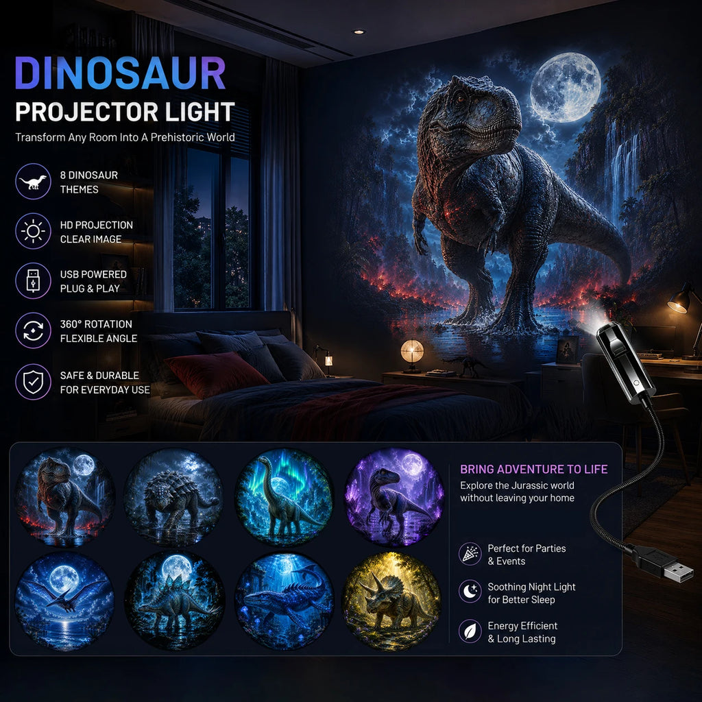 Fantasy Dinosaur Projector Light, USB Powered Moonlight Jurassic Galaxy Ambient Night Light, Suitable for Bedroom Decor