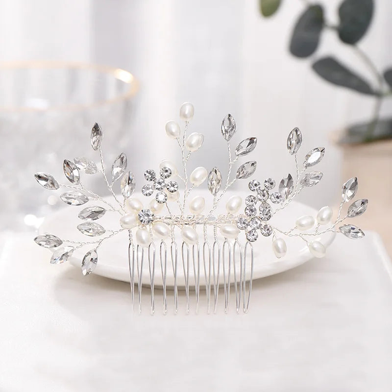 Bridal Hair Comb Pearl Tiaras for Women Wedding Hair Accessories Fashion Flower Hairpin Girl Lady Hairband Marriage Hair Jewelry