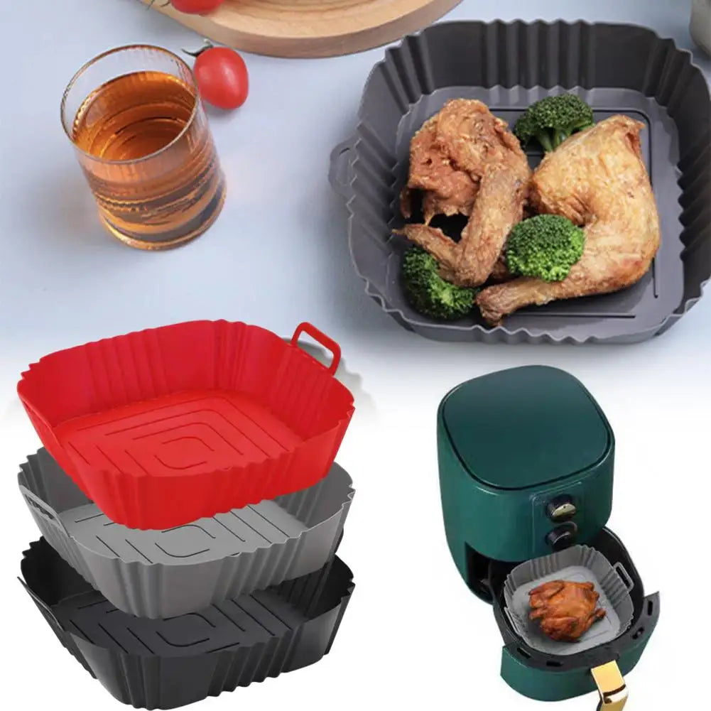 Reusable Silicone Air Fryer Liner Square 22cm Non-Stick Air Fryer Basket With Handles Silicone Oven Baking Tray Accessories