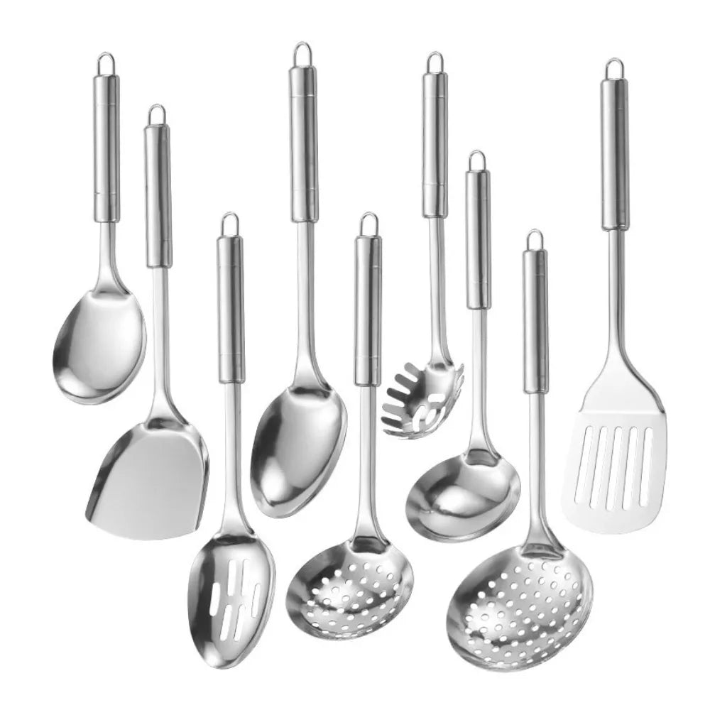 9Pcs Cookware Stainless Steel Kitchen Cooking Utensils Set Rust-proof Durable Cooking Spatula Set Long Handle Shovel Set Pasta