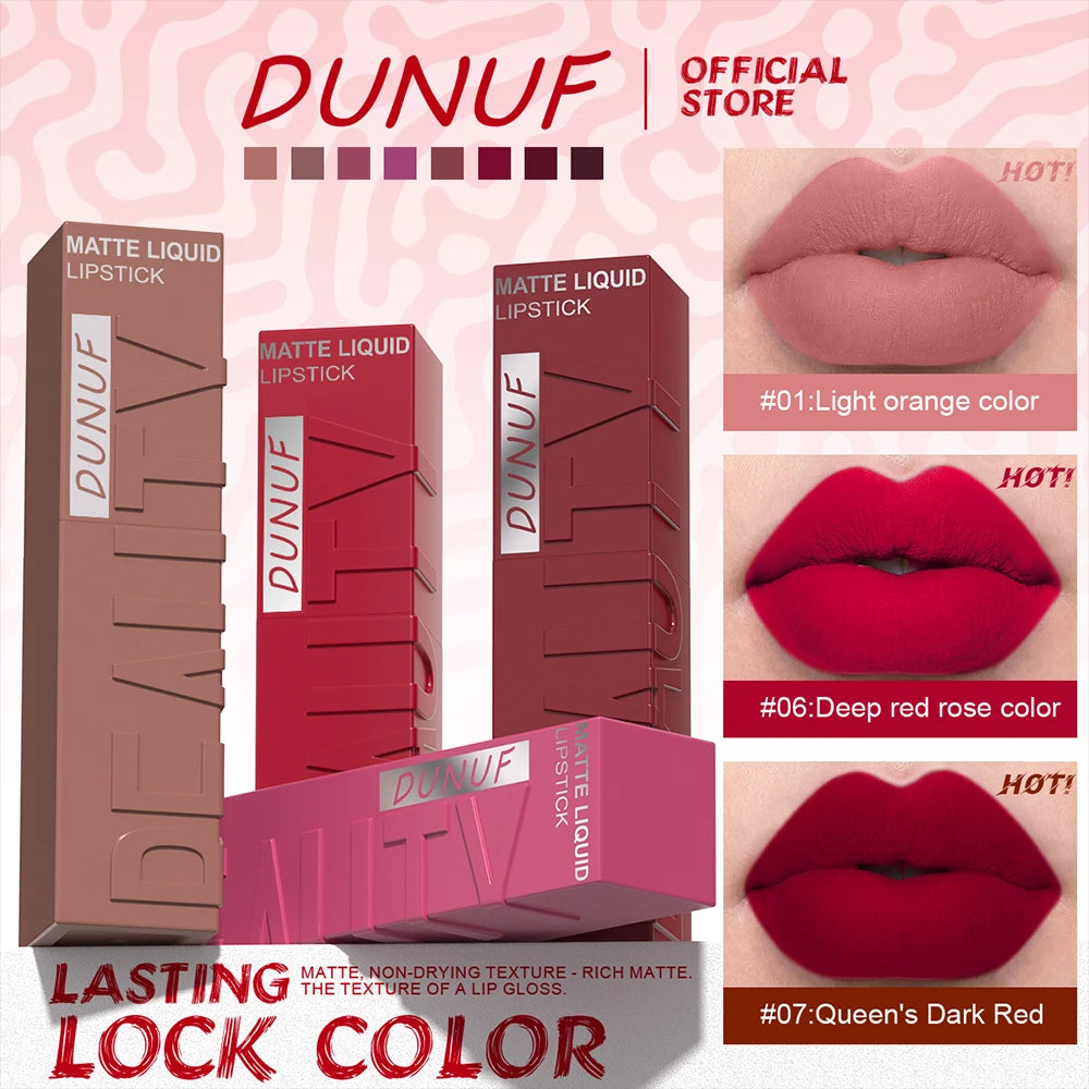 DUNUF 8-Color Matte Velvet Smooth Easy-to-Apply Square Tube Lip Gloss Waterproof Three-Dimensional Plumping Lipstick