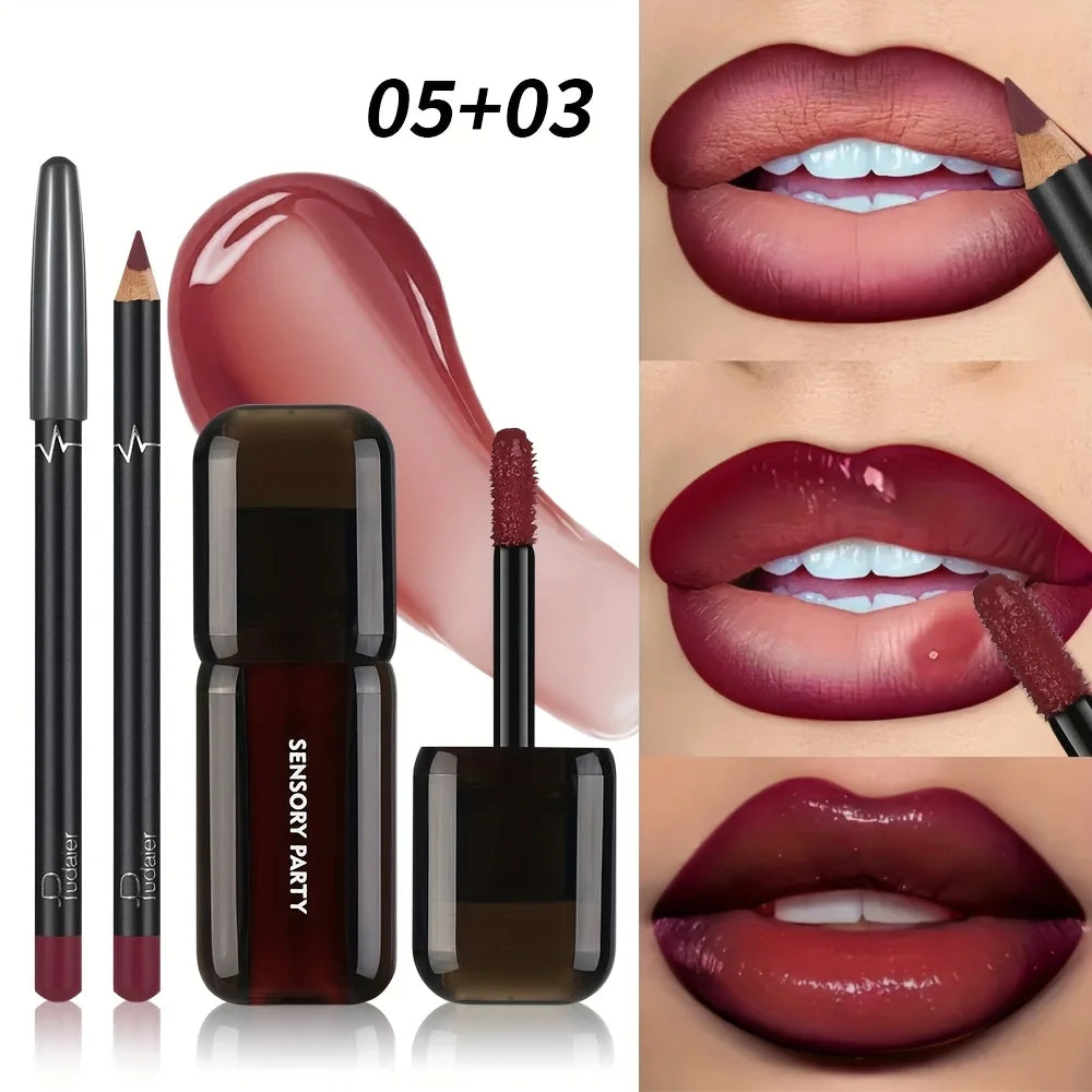 Gradient Lips Set, Lip Liner + Glass Lip Gloss, Mirror Shine Finish, Smooth Blend, Nude Shades, Long-Lasting