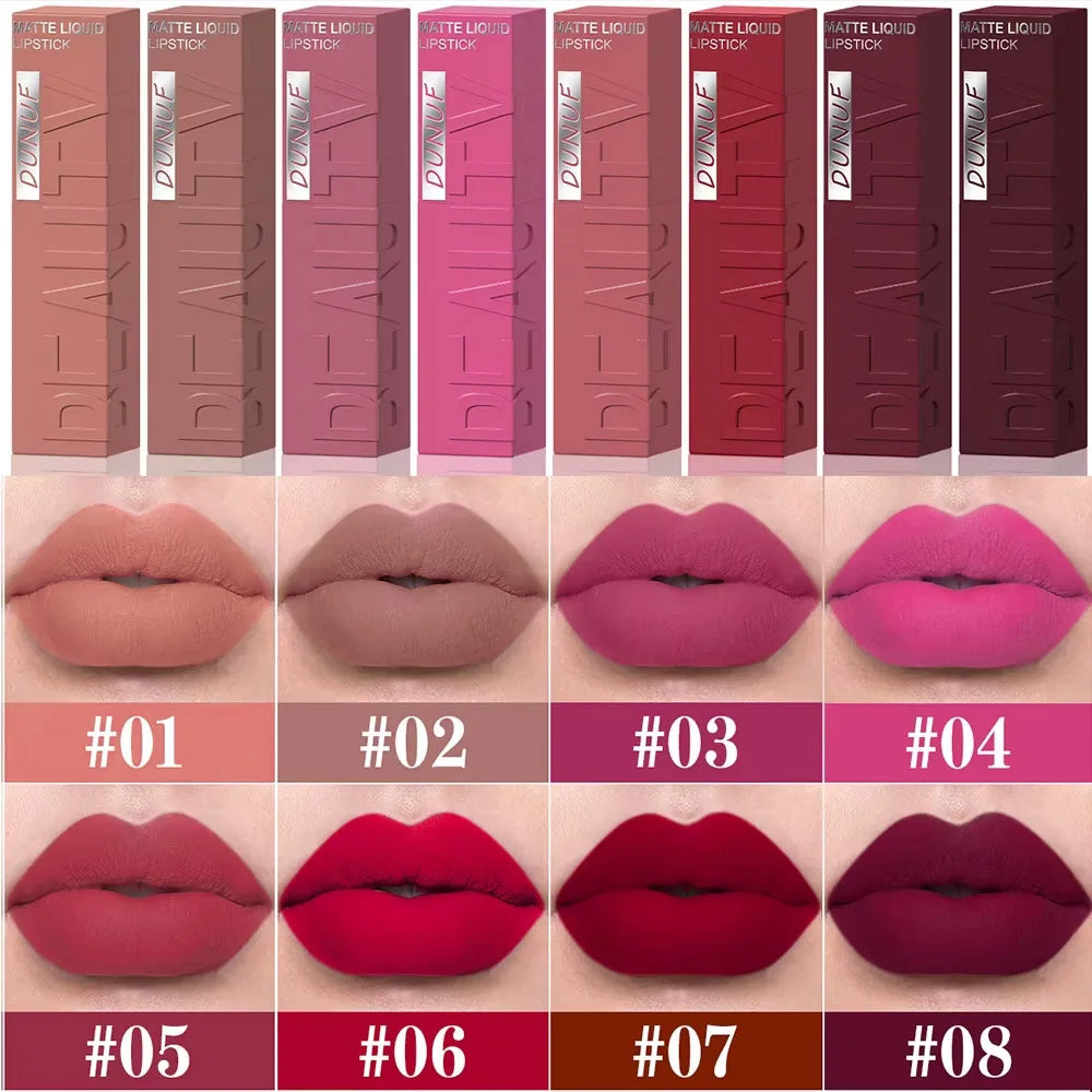 DUNUF 8-Color Matte Velvet Smooth Easy-to-Apply Square Tube Lip Gloss Waterproof Three-Dimensional Plumping Lipstick