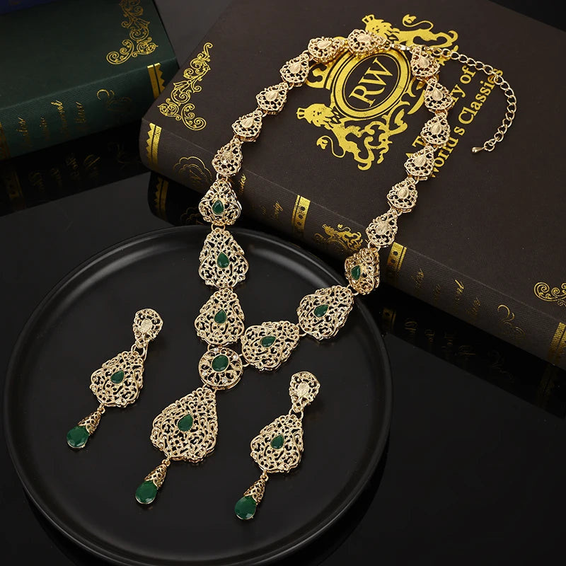 Luxury Women's Drop Necklace Earrings Set Moroccan Style Wedding Necklace Green Rhinestone Golde Color Bridal Jewelry Set Bijoux