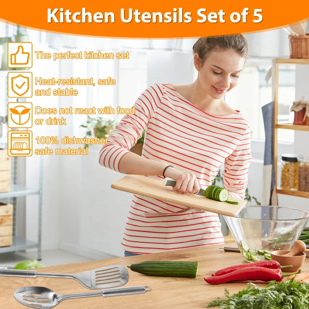 5 Piece Stainless Steel Spoon Spatula Kitchen Cooking Utensil Set with Long Handle Durable Washable Spoon Cutlery Reusable