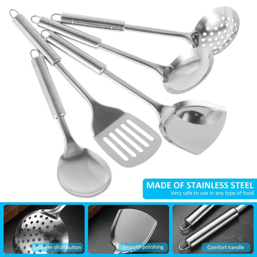 5 Piece Stainless Steel Spoon Spatula Kitchen Cooking Utensil Set with Long Handle Durable Washable Spoon Cutlery Reusable