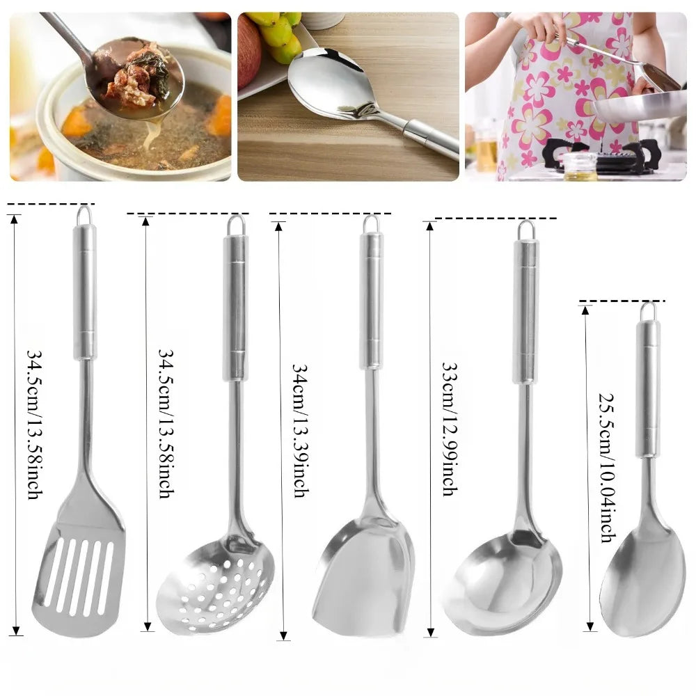 5 Piece Stainless Steel Spoon Spatula Kitchen Cooking Utensil Set with Long Handle Durable Washable Spoon Cutlery Reusable