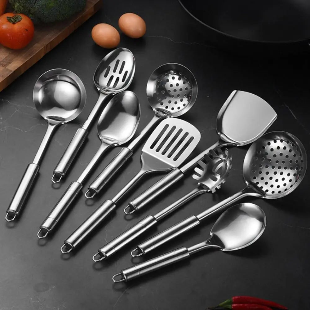 9Pcs Cookware Stainless Steel Kitchen Cooking Utensils Set Rust-proof Durable Cooking Spatula Set Long Handle Shovel Set Pasta