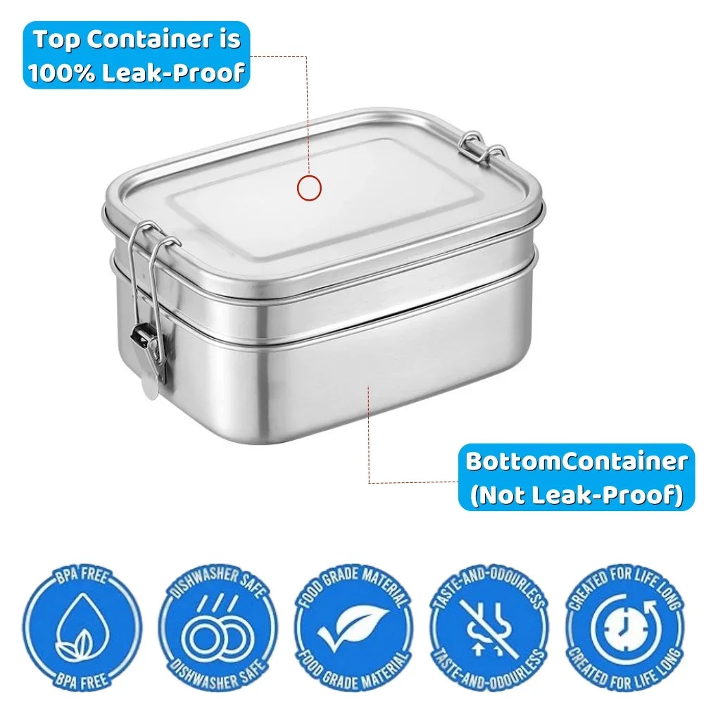 304 Stainless Steel Lunch Box Airtight Leakproof Bento Box 1/2 Layer Meal Prep Food Storage Containers with Locking for Adults