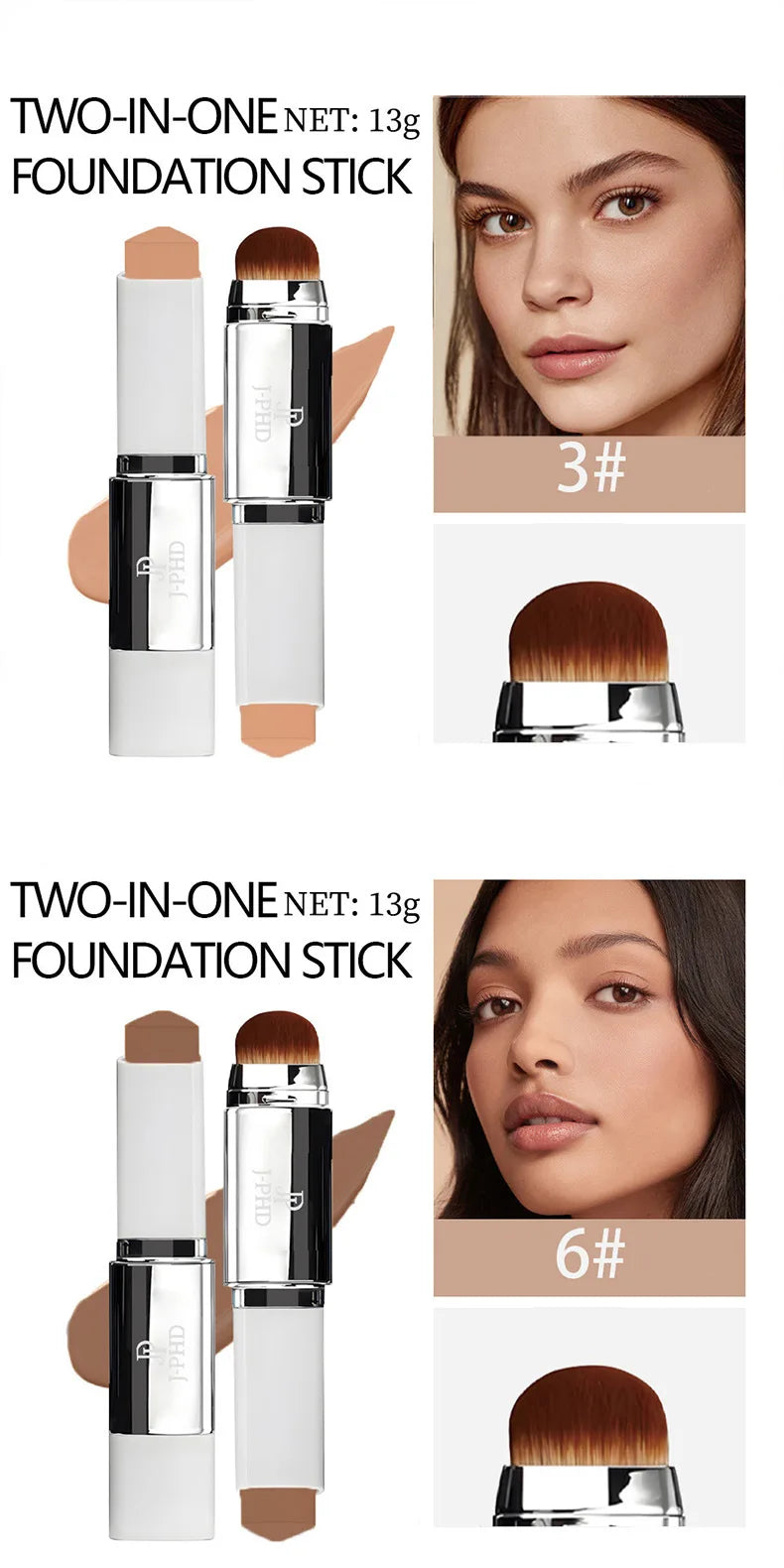 Two-in-one Brush Head Foundation Stick, Lightweight and Smooth, Long-lasting Coverage, Creating A Perfect Makeup Effect