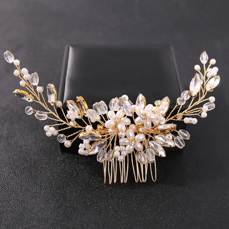 Bridal Hair Comb Pearl Tiaras for Women Wedding Hair Accessories Fashion Flower Hairpin Girl Lady Hairband Marriage Hair Jewelry