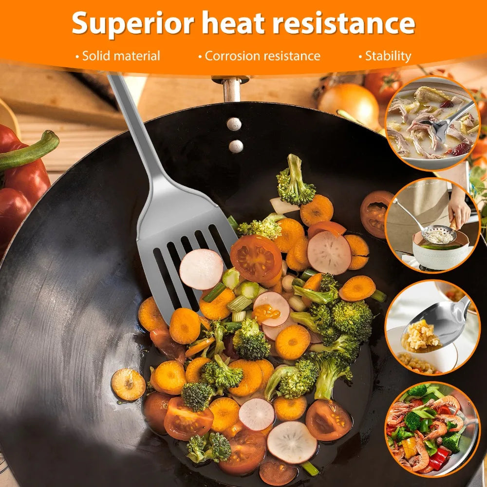 5 Piece Stainless Steel Spoon Spatula Kitchen Cooking Utensil Set with Long Handle Durable Washable Spoon Cutlery Reusable