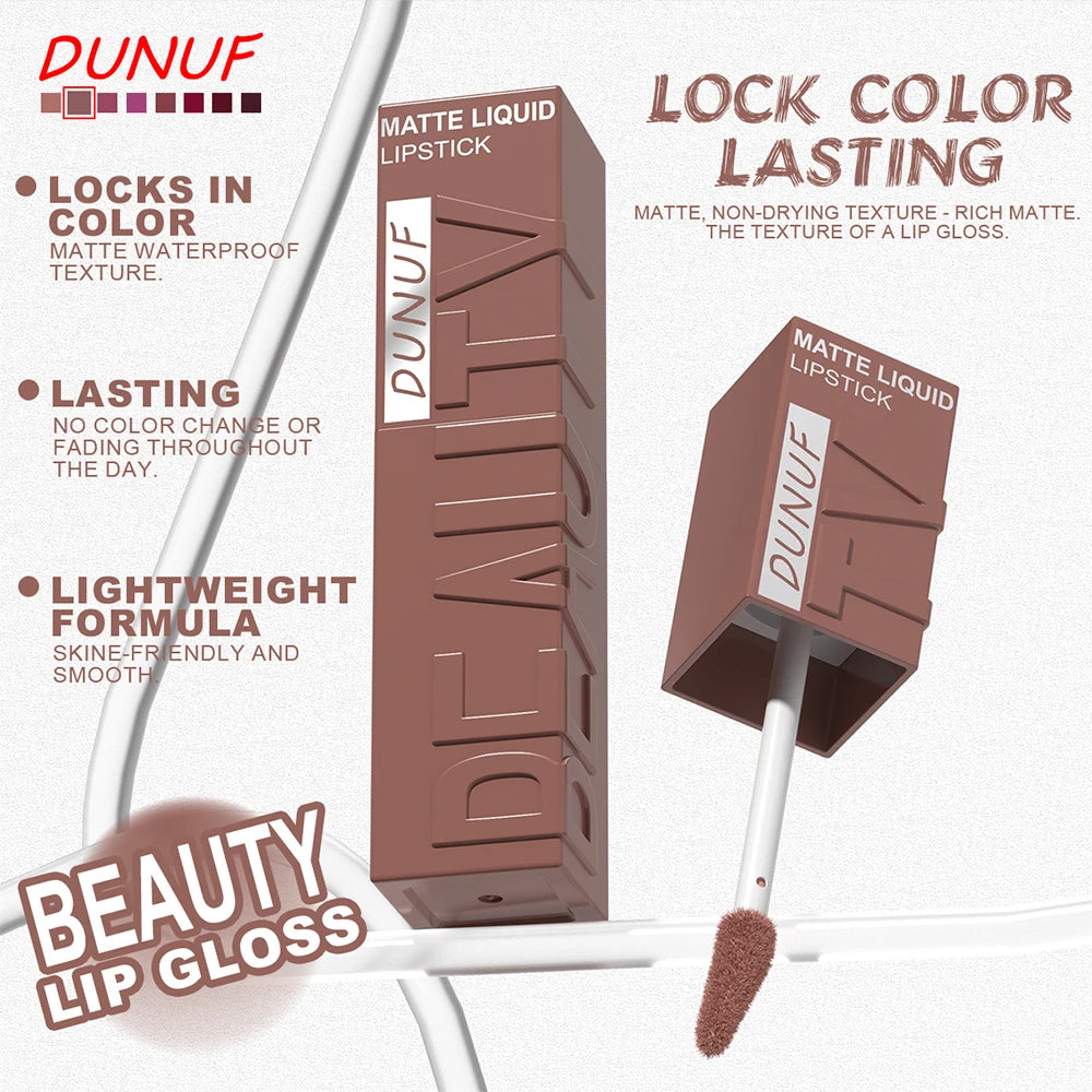 DUNUF 8-Color Matte Velvet Smooth Easy-to-Apply Square Tube Lip Gloss Waterproof Three-Dimensional Plumping Lipstick