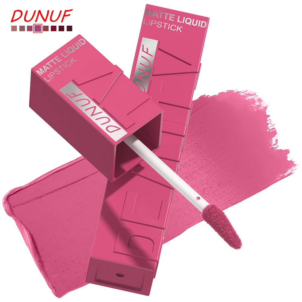 DUNUF 8-Color Matte Velvet Smooth Easy-to-Apply Square Tube Lip Gloss Waterproof Three-Dimensional Plumping Lipstick