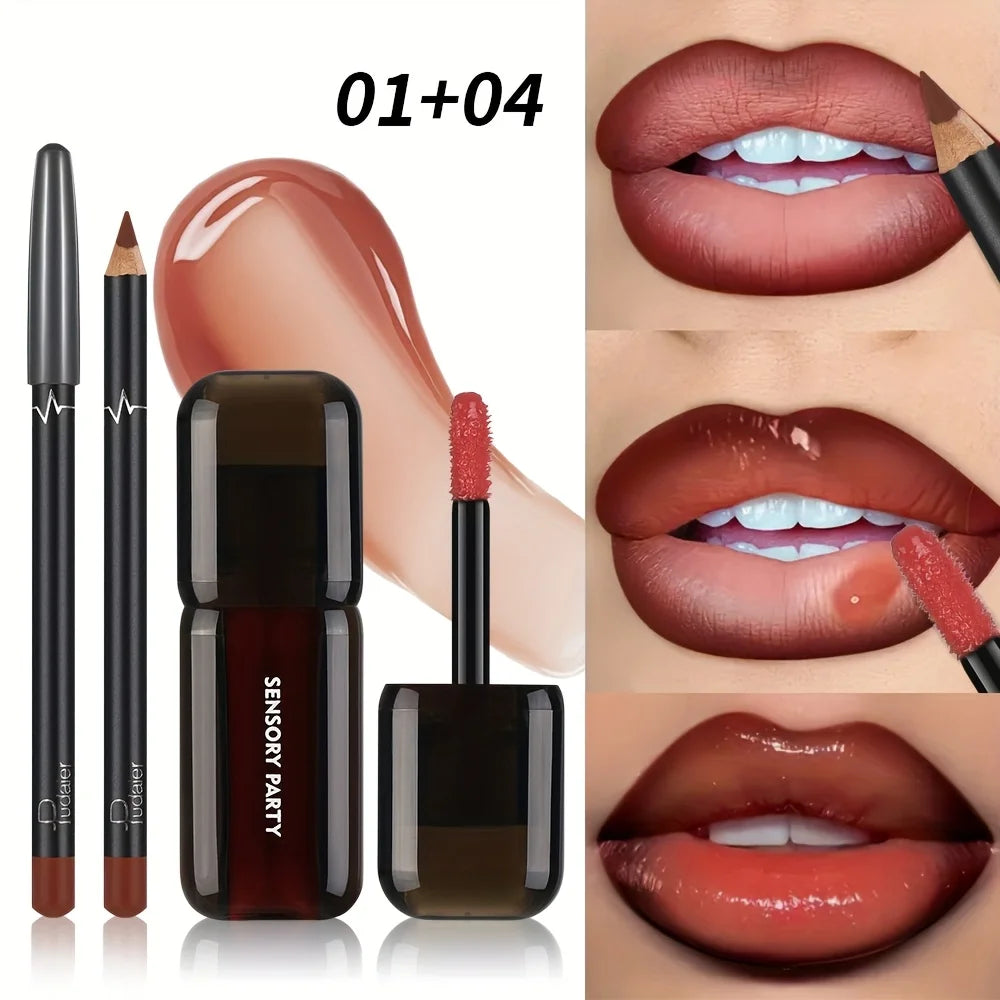 Gradient Lips Set, Lip Liner + Glass Lip Gloss, Mirror Shine Finish, Smooth Blend, Nude Shades, Long-Lasting