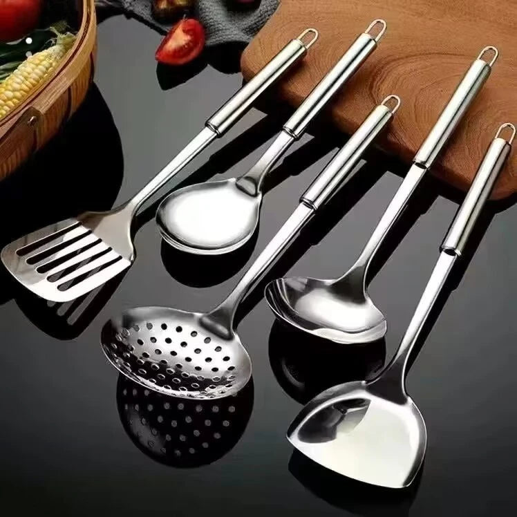 5 Piece Stainless Steel Spoon Spatula Kitchen Cooking Utensil Set with Long Handle Durable Washable Spoon Cutlery Reusable