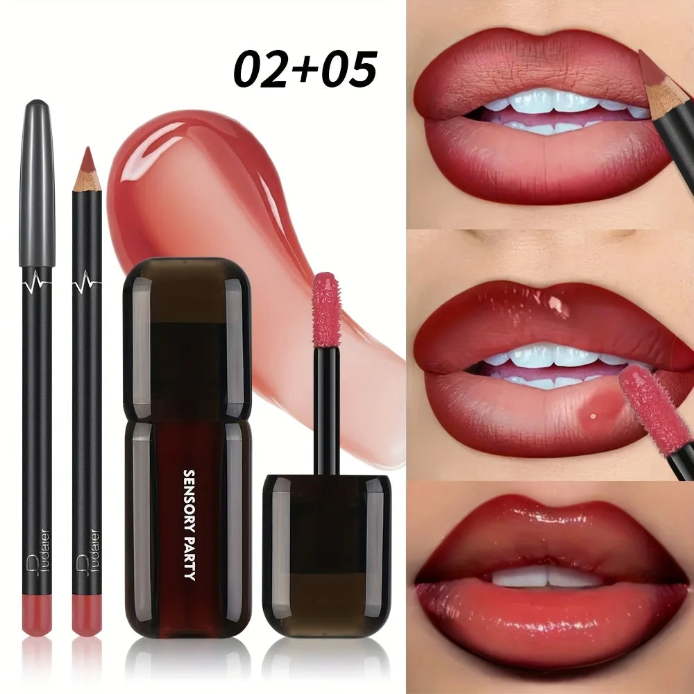 Gradient Lips Set, Lip Liner + Glass Lip Gloss, Mirror Shine Finish, Smooth Blend, Nude Shades, Long-Lasting