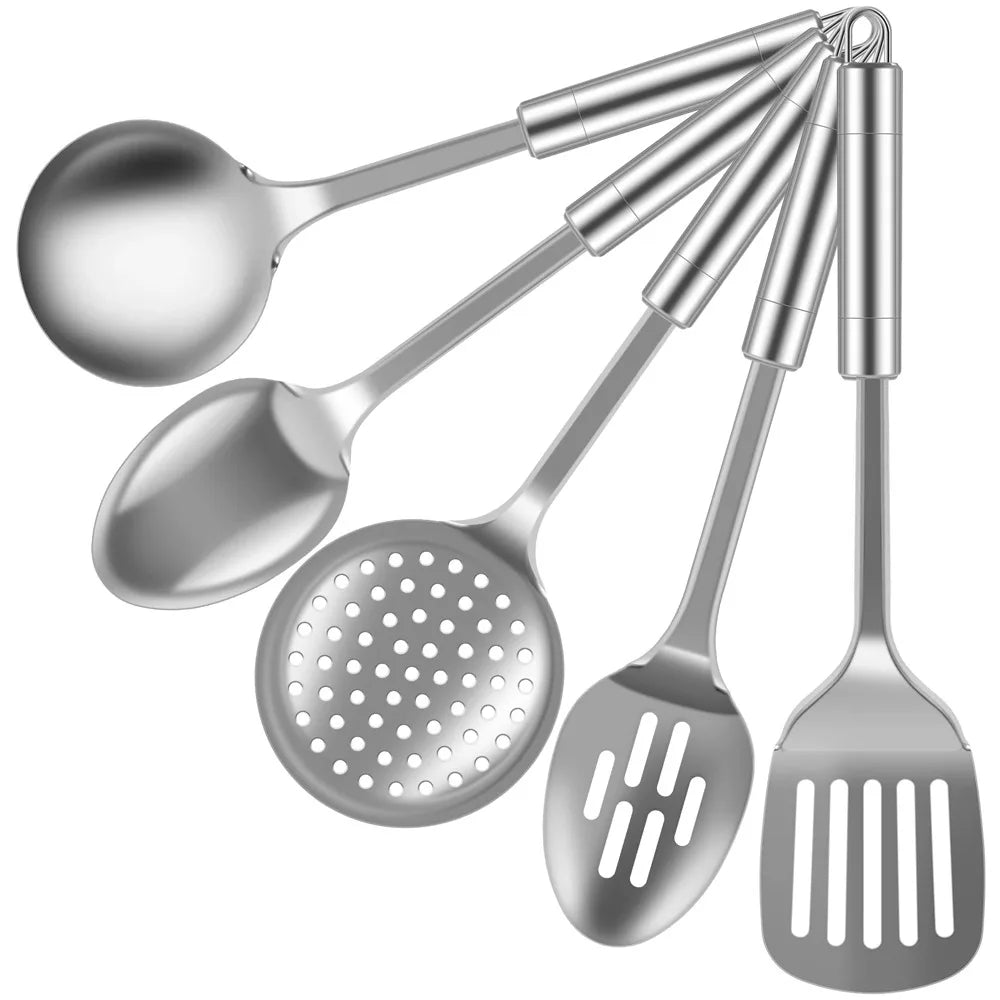 5 Piece Stainless Steel Spoon Spatula Kitchen Cooking Utensil Set with Long Handle Durable Washable Spoon Cutlery Reusable