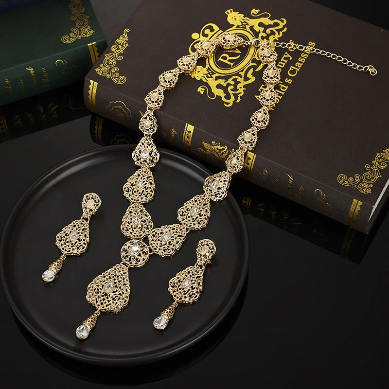 Luxury Women's Drop Necklace Earrings Set Moroccan Style Wedding Necklace Green Rhinestone Golde Color Bridal Jewelry Set Bijoux