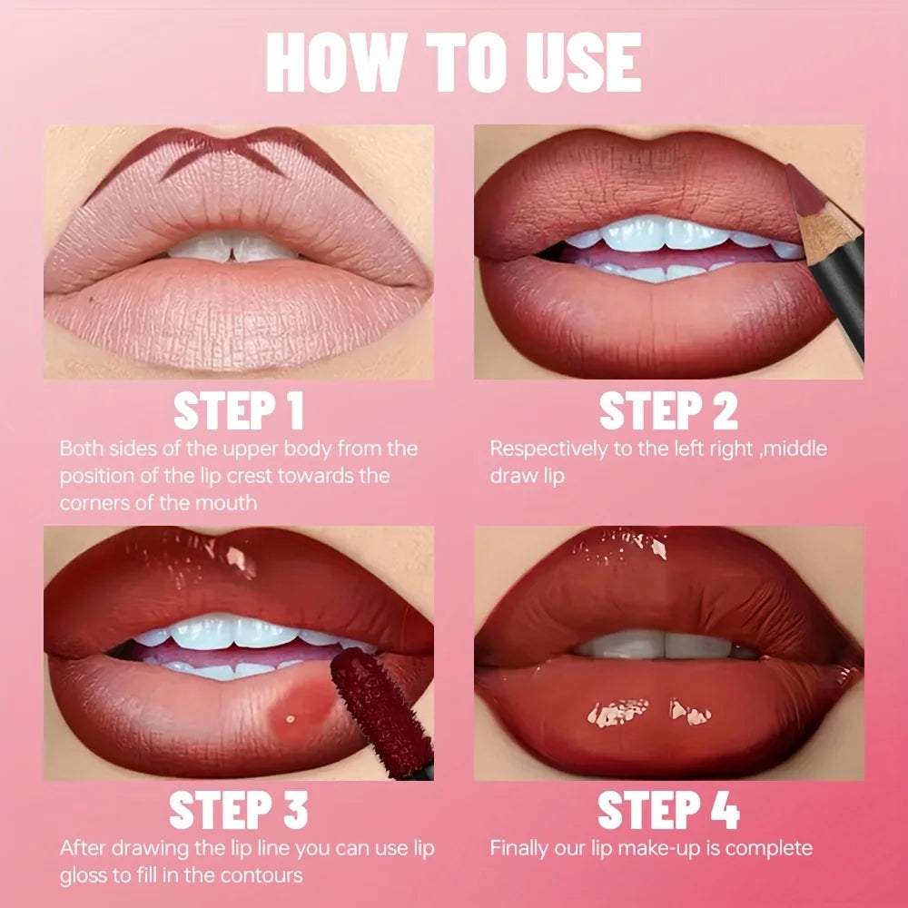 Gradient Lips Set, Lip Liner + Glass Lip Gloss, Mirror Shine Finish, Smooth Blend, Nude Shades, Long-Lasting