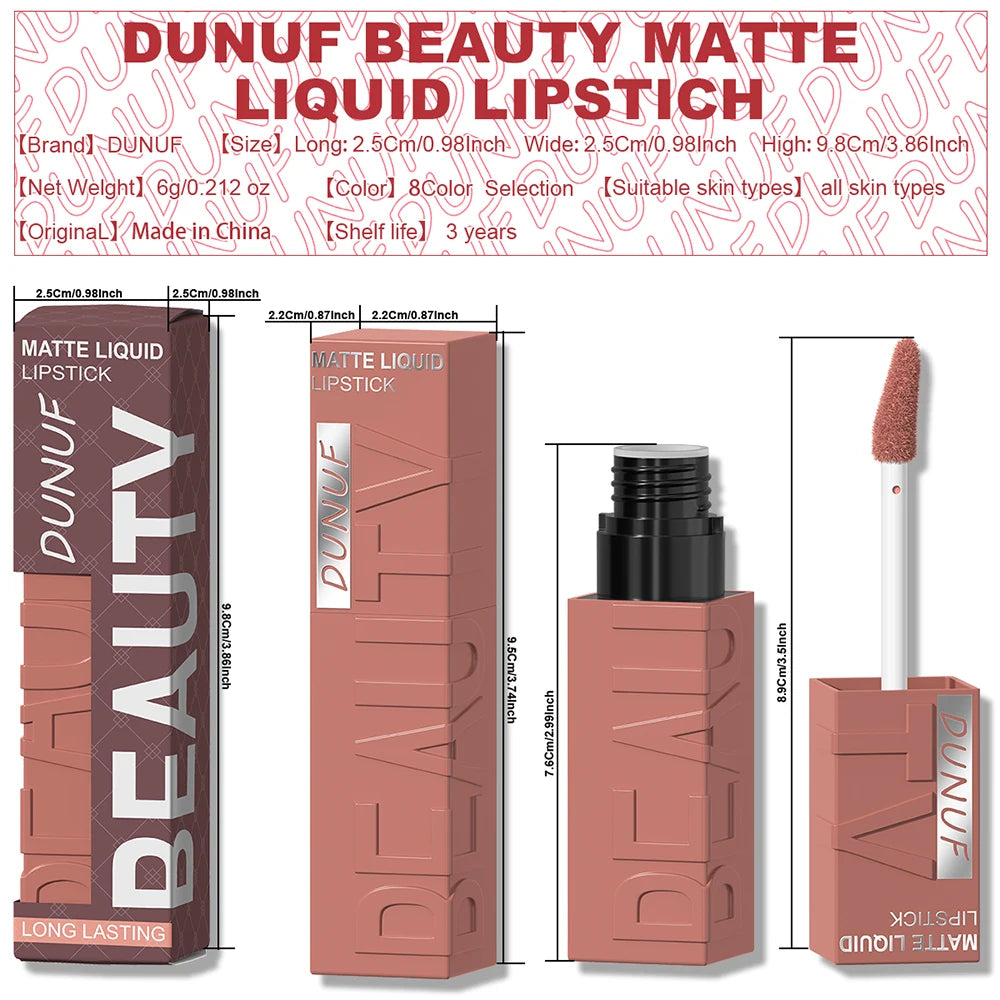 DUNUF 8-Color Matte Velvet Smooth Easy-to-Apply Square Tube Lip Gloss Waterproof Three-Dimensional Plumping Lipstick