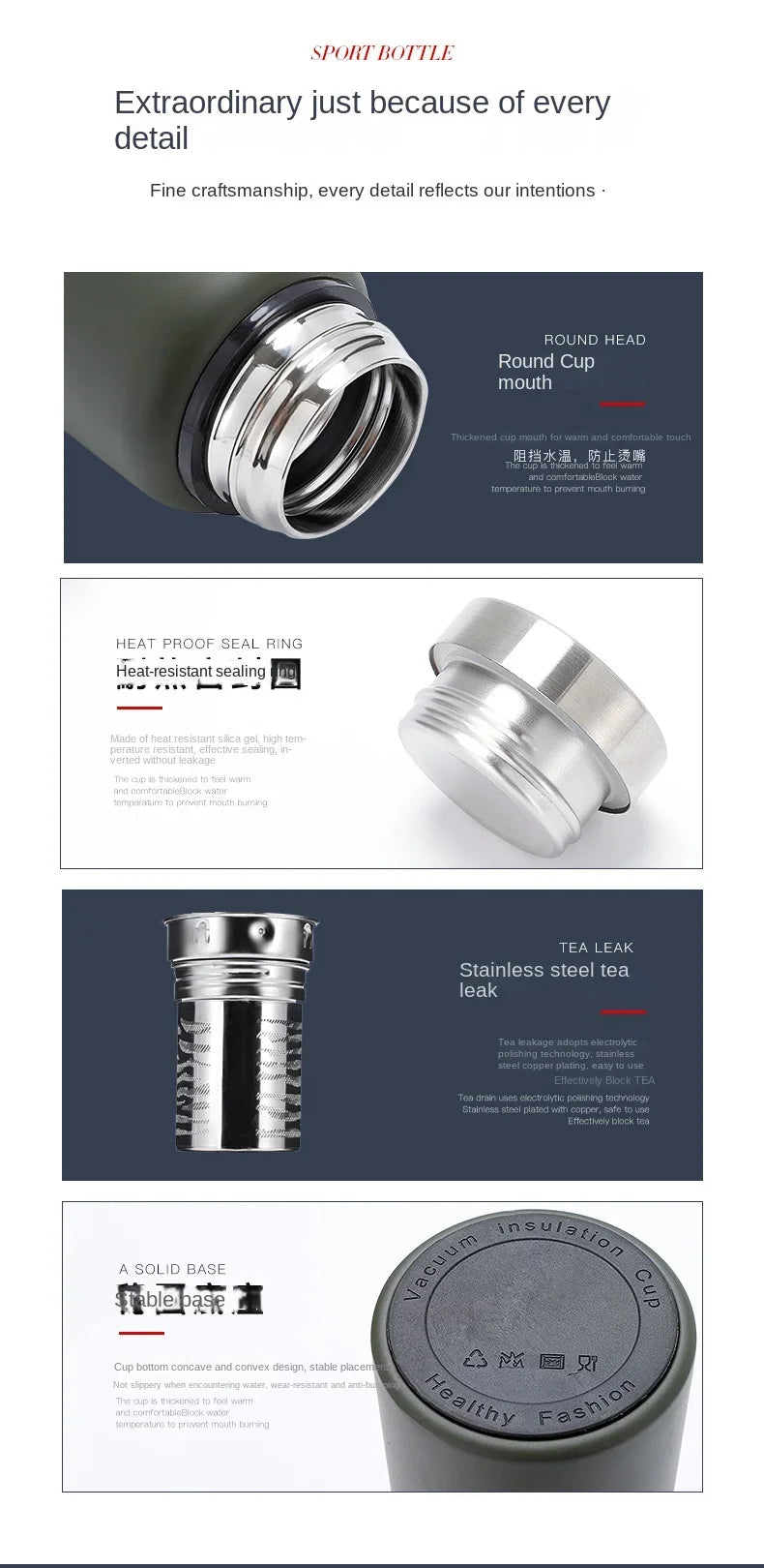 500/1000/1500ml Thermos Cup Stainless Steel Large Capacity Sports Water Bottle Vacuum Flask Portable Insulated Tumbler with Rope