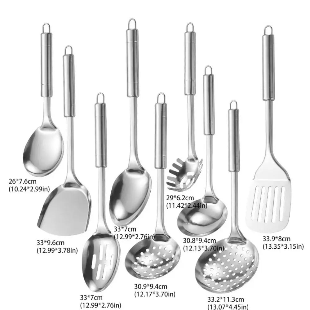 9Pcs Cookware Stainless Steel Kitchen Cooking Utensils Set Rust-proof Durable Cooking Spatula Set Long Handle Shovel Set Pasta