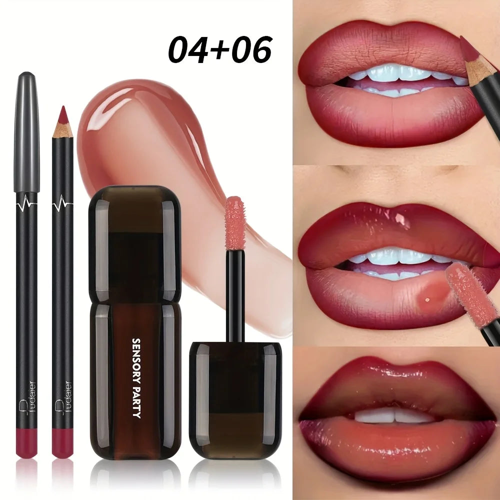 Gradient Lips Set, Lip Liner + Glass Lip Gloss, Mirror Shine Finish, Smooth Blend, Nude Shades, Long-Lasting