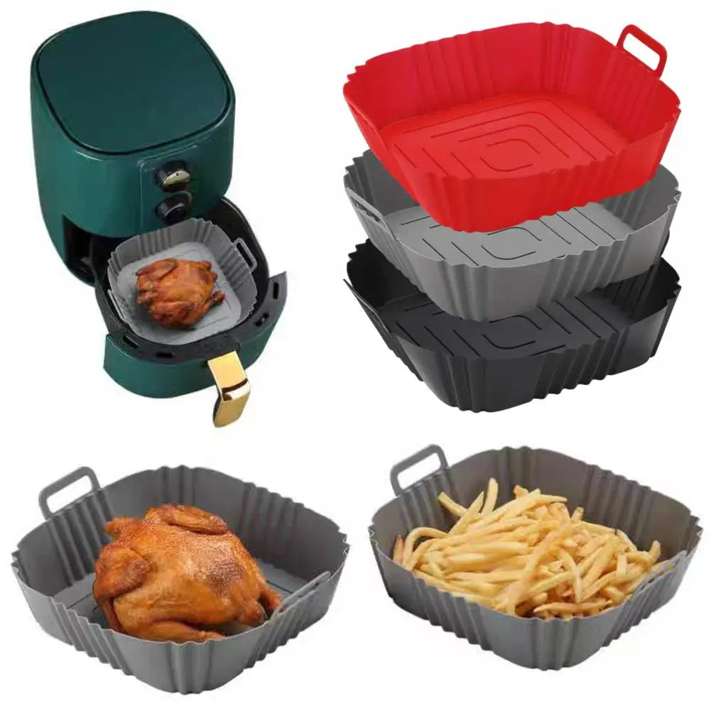 Reusable Silicone Air Fryer Liner Square 22cm Non-Stick Air Fryer Basket With Handles Silicone Oven Baking Tray Accessories