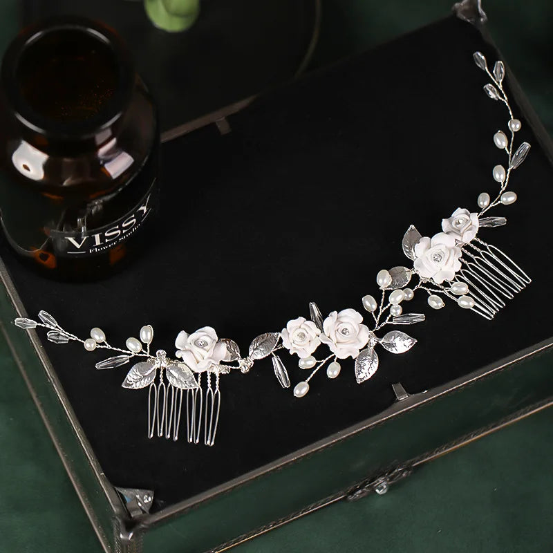 Bridal Hair Comb Pearl Tiaras for Women Wedding Hair Accessories Fashion Flower Hairpin Girl Lady Hairband Marriage Hair Jewelry