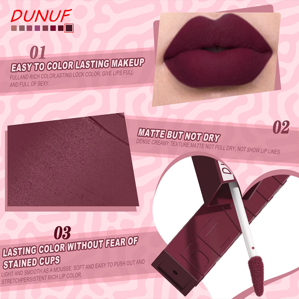 DUNUF 8-Color Matte Velvet Smooth Easy-to-Apply Square Tube Lip Gloss Waterproof Three-Dimensional Plumping Lipstick
