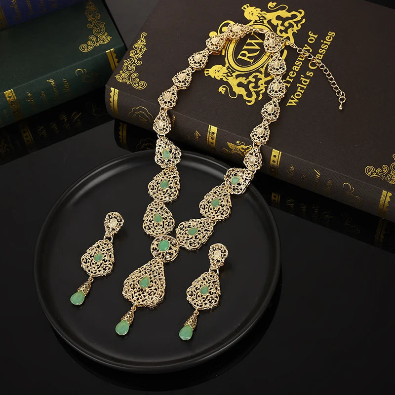 Luxury Women's Drop Necklace Earrings Set Moroccan Style Wedding Necklace Green Rhinestone Golde Color Bridal Jewelry Set Bijoux