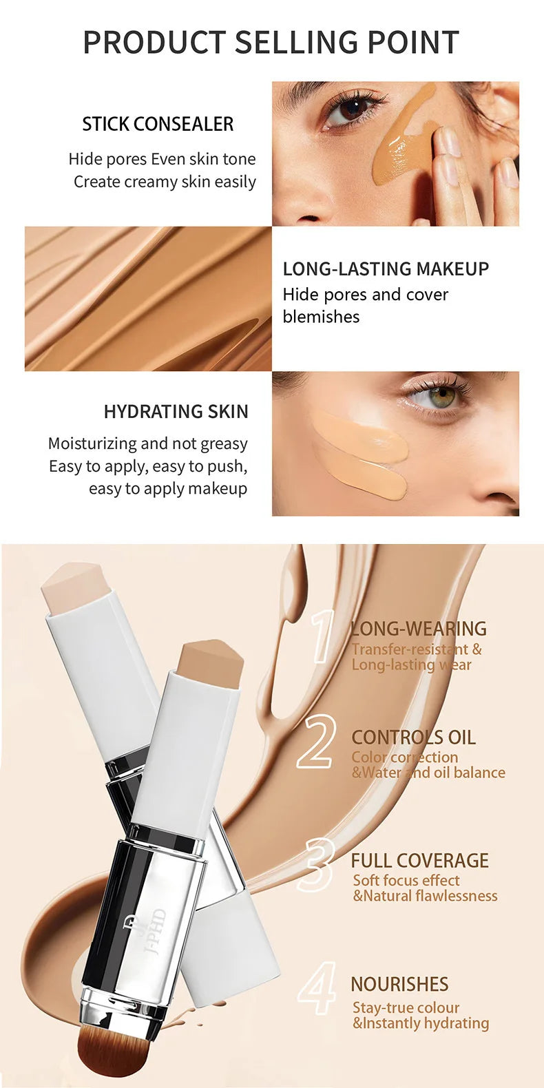 Two-in-one Brush Head Foundation Stick, Lightweight and Smooth, Long-lasting Coverage, Creating A Perfect Makeup Effect
