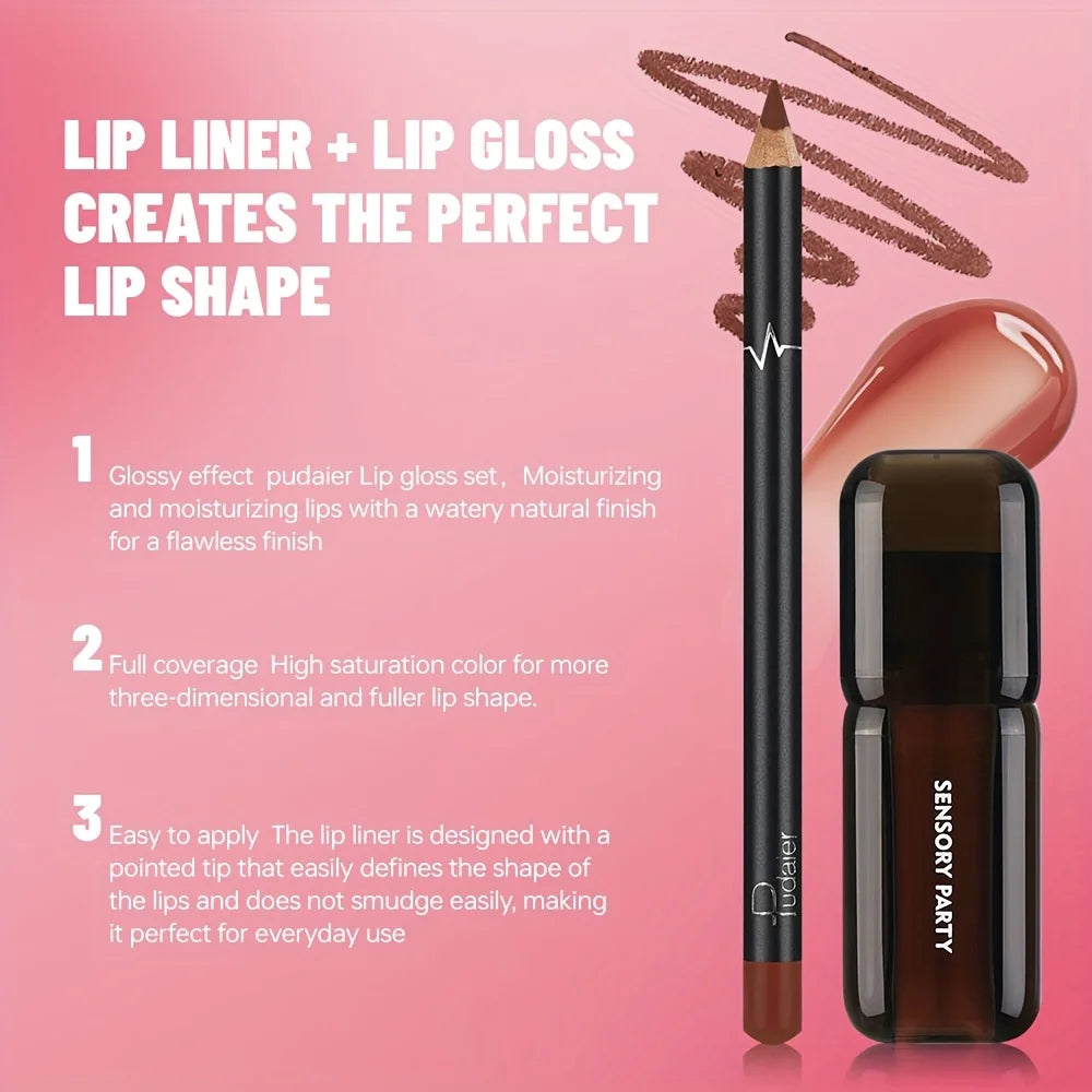 Gradient Lips Set, Lip Liner + Glass Lip Gloss, Mirror Shine Finish, Smooth Blend, Nude Shades, Long-Lasting
