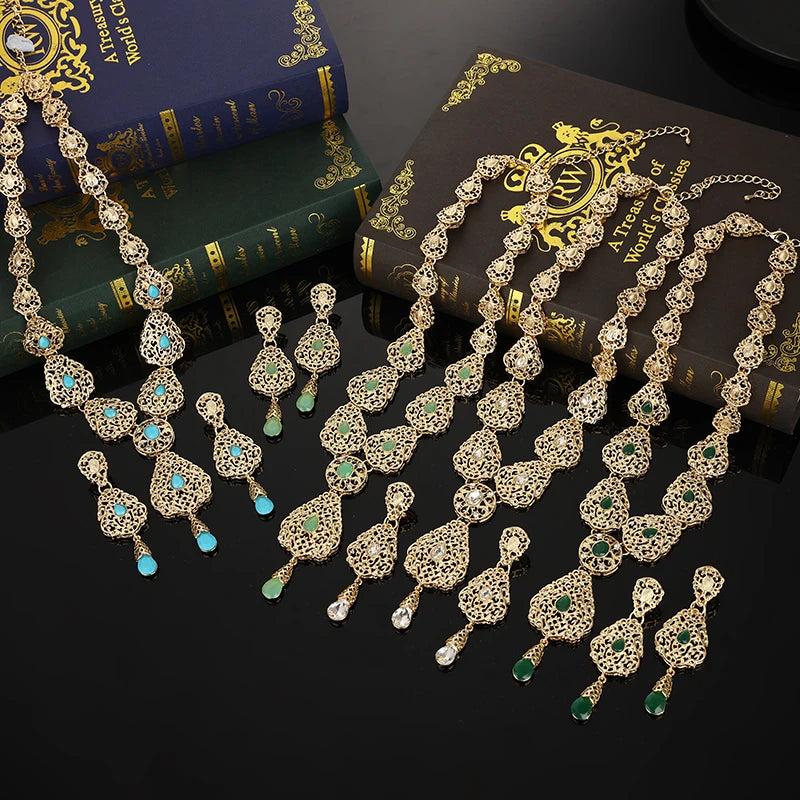Luxury Women's Drop Necklace Earrings Set Moroccan Style Wedding Necklace Green Rhinestone Golde Color Bridal Jewelry Set Bijoux