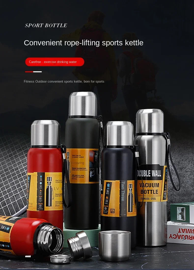 500/1000/1500ml Thermos Cup Stainless Steel Large Capacity Sports Water Bottle Vacuum Flask Portable Insulated Tumbler with Rope