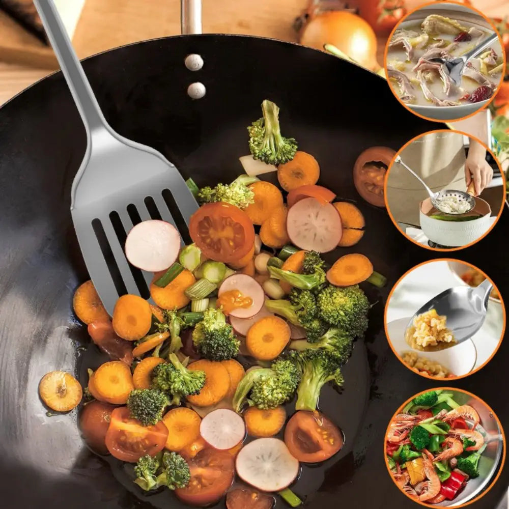9Pcs Cookware Stainless Steel Kitchen Cooking Utensils Set Rust-proof Durable Cooking Spatula Set Long Handle Shovel Set Pasta