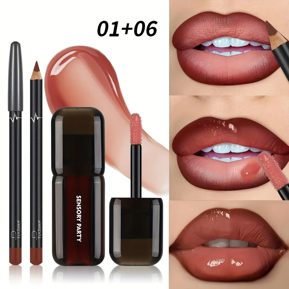 Gradient Lips Set, Lip Liner + Glass Lip Gloss, Mirror Shine Finish, Smooth Blend, Nude Shades, Long-Lasting